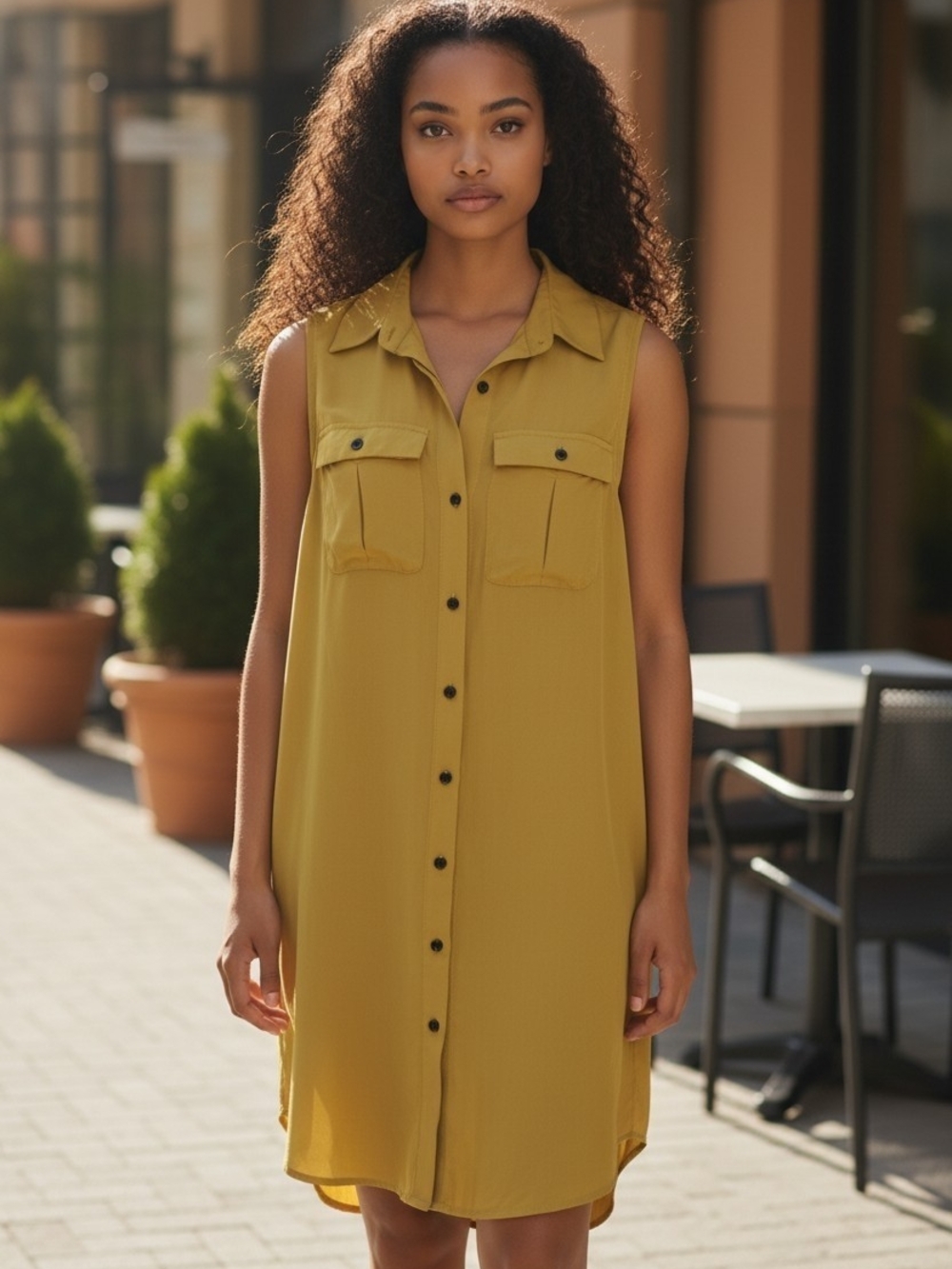 Yumi Kim Sleeveless Shirt Dress in Mustard